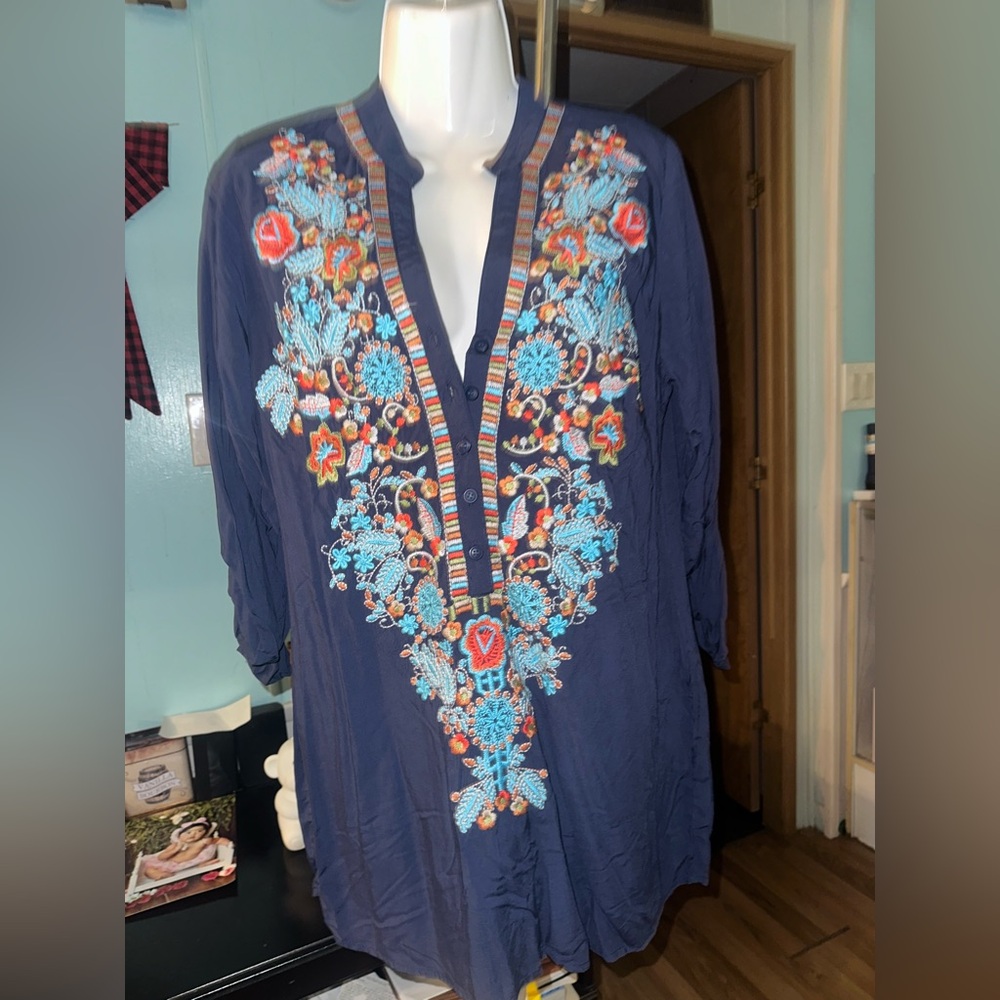 Solitaire Navy Top with Turquoise & Coral Embroidery